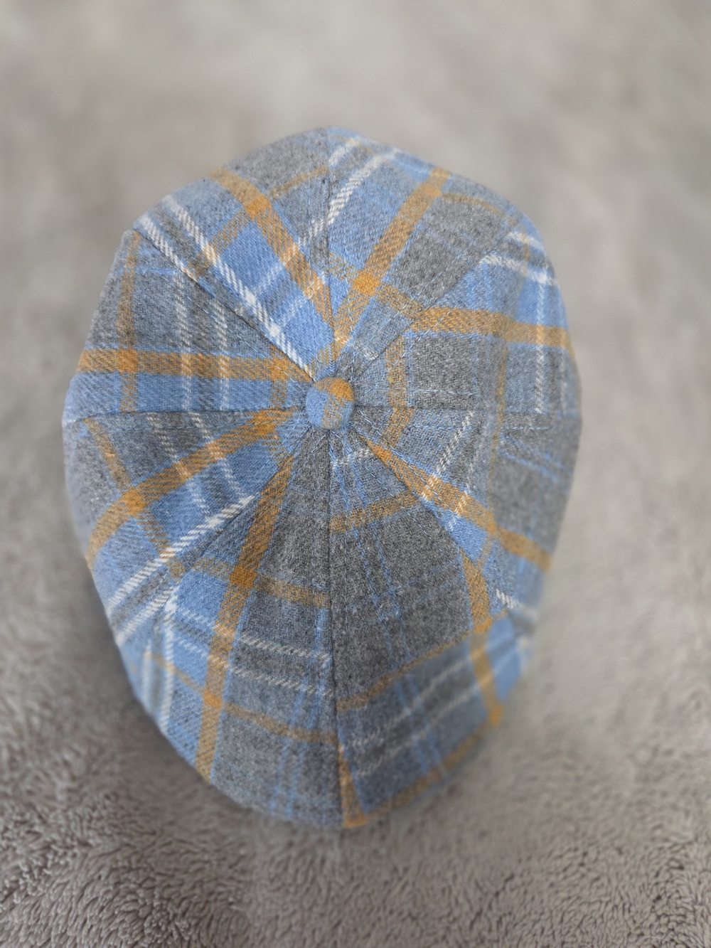 Gray Plaid Newsboy Cap with Blue & Tan Accents